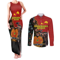 Personalised Papua New Guinea and Australia Together Couples Matching Tank Maxi Dress and Long Sleeve Button Shirt Bird-of-paradise and Kangaroo with Aboriginal Pattern LT03 Red - Polynesian Pride