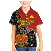 Personalised Papua New Guinea and Australia Together Family Matching Mermaid Dress and Hawaiian Shirt Bird-of-paradise and Kangaroo with Aboriginal Pattern LT03 Son's Shirt Red - Polynesian Pride