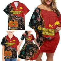 Personalised Papua New Guinea and Australia Together Family Matching Off Shoulder Short Dress and Hawaiian Shirt Bird-of-paradise and Kangaroo with Aboriginal Pattern LT03 - Polynesian Pride