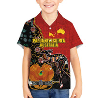 Personalised Papua New Guinea and Australia Together Family Matching Off Shoulder Short Dress and Hawaiian Shirt Bird-of-paradise and Kangaroo with Aboriginal Pattern LT03 Son's Shirt Red - Polynesian Pride