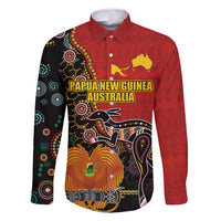 Personalised Papua New Guinea and Australia Together Family Matching Summer Maxi Dress and Hawaiian Shirt Bird-of-paradise and Kangaroo with Aboriginal Pattern LT03 Dad's Shirt - Long Sleeve Red - Polynesian Pride