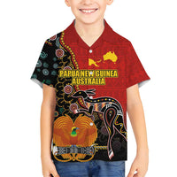 Personalised Papua New Guinea and Australia Together Family Matching Summer Maxi Dress and Hawaiian Shirt Bird-of-paradise and Kangaroo with Aboriginal Pattern LT03 Son's Shirt Red - Polynesian Pride