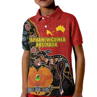 Personalised Papua New Guinea and Australia Together Kid Polo Shirt Bird-of-paradise and Kangaroo with Aboriginal Pattern LT03 Kid Red - Polynesian Pride