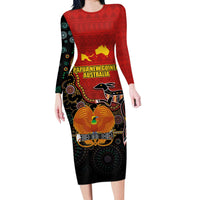 Personalised Papua New Guinea and Australia Together Long Sleeve Bodycon Dress Bird-of-paradise and Kangaroo with Aboriginal Pattern LT03 Long Dress Red - Polynesian Pride