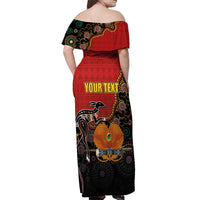 Personalised Papua New Guinea and Australia Together Off Shoulder Maxi Dress Bird-of-paradise and Kangaroo with Aboriginal Pattern LT03 - Polynesian Pride