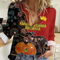 Personalised Papua New Guinea and Australia Together Women Casual Shirt Bird-of-paradise and Kangaroo with Aboriginal Pattern LT03 Female Red - Polynesian Pride