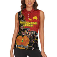 Personalised Papua New Guinea and Australia Together Women Sleeveless Polo Shirt Bird-of-paradise and Kangaroo with Aboriginal Pattern LT03 - Polynesian Pride