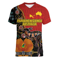 Personalised Papua New Guinea and Australia Together Women V-Neck T-Shirt Bird-of-paradise and Kangaroo with Aboriginal Pattern LT03 Female Red - Polynesian Pride
