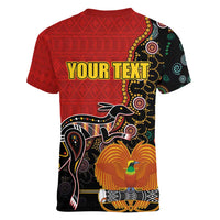 Personalised Papua New Guinea and Australia Together Women V-Neck T-Shirt Bird-of-paradise and Kangaroo with Aboriginal Pattern LT03 - Polynesian Pride