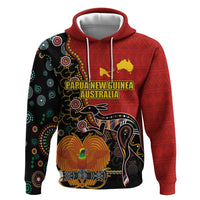 Personalised Papua New Guinea and Australia Together Zip Hoodie Bird-of-paradise and Kangaroo with Aboriginal Pattern LT03 Pullover Hoodie Red - Polynesian Pride