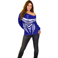 Custom Kimbe Cutters Rugby Off Shoulder Sweater Papua New Guinea Polynesian Tattoo Blue Version LT03 - Polynesian Pride