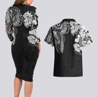 Japanese Irezumi and Hawaiian Polynesian Art Tattoo Couples Matching Long Sleeve Bodycon Dress and Hawaiian Shirt Black Color LT03 - Polynesian Pride