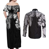 Japanese Irezumi and Hawaiian Polynesian Art Tattoo Couples Matching Off Shoulder Maxi Dress and Long Sleeve Button Shirt Black Color LT03 - Polynesian Pride