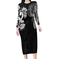 Japanese Irezumi and Hawaiian Polynesian Art Tattoo Long Sleeve Bodycon Dress Black Color LT03 Long Dress Black - Polynesian Pride