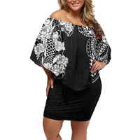Japanese Irezumi and Hawaiian Polynesian Art Tattoo Off Shoulder Short Dress Black Color LT03 Women Black - Polynesian Pride
