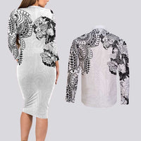 Japanese Irezumi and Hawaiian Polynesian Art Tattoo Couples Matching Long Sleeve Bodycon Dress and Long Sleeve Button Shirt White Color LT03 - Polynesian Pride