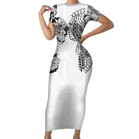 Japanese Irezumi and Hawaiian Polynesian Art Tattoo Short Sleeve Bodycon Dress White Color LT03 Long Dress White - Polynesian Pride