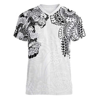 Japanese Irezumi and Hawaiian Polynesian Art Tattoo Women V-Neck T-Shirt White Color LT03 Female White - Polynesian Pride