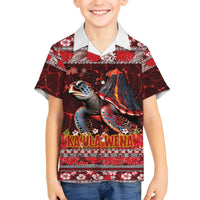 Hawaii KaUla Wena Volcano Turtle Family Matching Off The Shoulder Long Sleeve Dress and Hawaiian Shirt Lava and Tropical Plants Tribal Pattern LT03 Son's Shirt Red - Polynesian Pride
