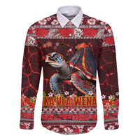 Hawaii KaʻUla Wena Volcano Turtle Family Matching Off Shoulder Short Dress and Hawaiian Shirt Lava and Tropical Plants Tribal Pattern