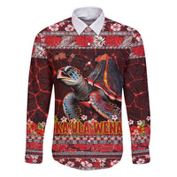 Hawaii KaUla Wena Volcano Turtle Family Matching Puletasi and Hawaiian Shirt Lava and Tropical Plants Tribal Pattern LT03 Dad's Shirt - Long Sleeve Red - Polynesian Pride