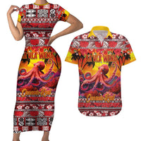 Hawaii KaUla Wena Octopus Couples Matching Short Sleeve Bodycon Dress and Hawaiian Shirt Oceanic Red with Corals and Tropical On Sunset Landscape LT03 Red - Polynesian Pride