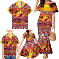 Hawaii KaUla Wena Octopus Family Matching Mermaid Dress and Hawaiian Shirt Oceanic Red with Corals and Tropical On Sunset Landscape LT03 - Polynesian Pride