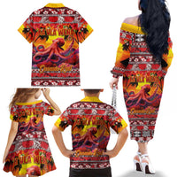 Hawaii KaUla Wena Octopus Family Matching Off The Shoulder Long Sleeve Dress and Hawaiian Shirt Oceanic Red with Corals and Tropical On Sunset Landscape LT03 - Polynesian Pride