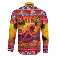Hawaii KaUla Wena Octopus Family Matching Off The Shoulder Long Sleeve Dress and Hawaiian Shirt Oceanic Red with Corals and Tropical On Sunset Landscape LT03 - Polynesian Pride