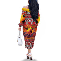 Hawaii KaUla Wena Octopus Family Matching Off The Shoulder Long Sleeve Dress and Hawaiian Shirt Oceanic Red with Corals and Tropical On Sunset Landscape LT03 - Polynesian Pride