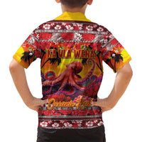 Hawaii KaUla Wena Octopus Family Matching Off Shoulder Maxi Dress and Hawaiian Shirt Oceanic Red with Corals and Tropical On Sunset Landscape LT03 - Polynesian Pride