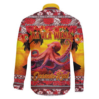 Hawaii KaUla Wena Octopus Family Matching Off Shoulder Maxi Dress and Hawaiian Shirt Oceanic Red with Corals and Tropical On Sunset Landscape LT03 - Polynesian Pride