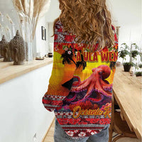 Hawaii KaUla Wena Octopus Women Casual Shirt Oceanic Red with Corals and Tropical On Sunset Landscape LT03 - Polynesian Pride