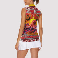 Hawaii KaʻUla Wena Octopus Women Sleeveless Polo Shirt Oceanic Red with Corals and Tropical On Sunset Landscape