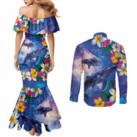 Hawaiian Lei Day Plumeria Humpback Whales Couples Matching Mermaid Dress and Long Sleeve Button Shirt Polynesian Art Vibrant Starry Nebula Style LT03 - Polynesian Pride