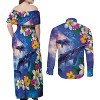 Hawaiian Lei Day Plumeria Humpback Whales Couples Matching Off Shoulder Maxi Dress and Long Sleeve Button Shirt Polynesian Art Vibrant Starry Nebula Style LT03 - Polynesian Pride