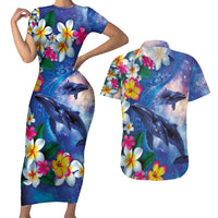 Hawaiian Lei Day Plumeria Humpback Whales Couples Matching Short Sleeve Bodycon Dress and Hawaiian Shirt Polynesian Art Vibrant Starry Nebula Style LT03 Art - Polynesian Pride