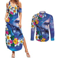 Hawaiian Lei Day Plumeria Humpback Whales Couples Matching Summer Maxi Dress and Long Sleeve Button Shirt Polynesian Art Vibrant Starry Nebula Style LT03 Art - Polynesian Pride