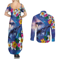 Hawaiian Lei Day Plumeria Humpback Whales Couples Matching Summer Maxi Dress and Long Sleeve Button Shirt Polynesian Art Vibrant Starry Nebula Style LT03 - Polynesian Pride