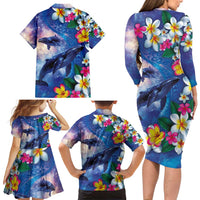 Hawaiian Lei Day Plumeria Humpback Whales Family Matching Long Sleeve Bodycon Dress and Hawaiian Shirt Polynesian Art Vibrant Starry Nebula Style LT03 - Polynesian Pride