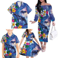 Hawaiian Lei Day Plumeria Humpback Whales Family Matching Off The Shoulder Long Sleeve Dress and Hawaiian Shirt Polynesian Art Vibrant Starry Nebula Style LT03 - Polynesian Pride
