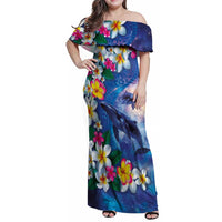 Hawaiian Lei Day Plumeria Humpback Whales Family Matching Off Shoulder Maxi Dress and Hawaiian Shirt Polynesian Art Vibrant Starry Nebula Style LT03 Mom's Dress Art - Polynesian Pride