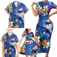 Hawaiian Lei Day Plumeria Humpback Whales Family Matching Short Sleeve Bodycon Dress and Hawaiian Shirt Polynesian Art Vibrant Starry Nebula Style LT03 - Polynesian Pride