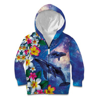 Hawaiian Lei Day Plumeria Humpback Whales Kid Hoodie Polynesian Art Vibrant Starry Nebula Style LT03 Zip Hoodie Art - Polynesian Pride