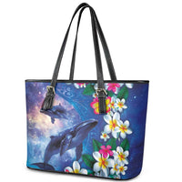 Hawaiian Lei Day Plumeria Humpback Whales Leather Tote Bag Polynesian Art Vibrant Starry Nebula Style LT03 - Polynesian Pride