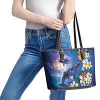 Hawaiian Lei Day Plumeria Humpback Whales Leather Tote Bag Polynesian Art Vibrant Starry Nebula Style LT03 - Polynesian Pride