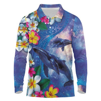 Hawaiian Lei Day Plumeria Humpback Whales Long Sleeve Polo Shirt Polynesian Art Vibrant Starry Nebula Style LT03 Art - Polynesian Pride