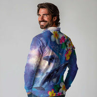 Hawaiian Lei Day Plumeria Humpback Whales Long Sleeve Polo Shirt Polynesian Art Vibrant Starry Nebula Style LT03 - Polynesian Pride