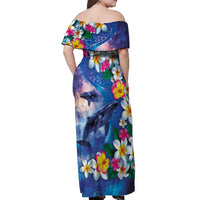 Hawaiian Lei Day Plumeria Humpback Whales Off Shoulder Maxi Dress Polynesian Art Vibrant Starry Nebula Style LT03 - Polynesian Pride