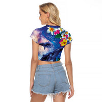 Hawaiian Lei Day Plumeria Humpback Whales Raglan Cropped T Shirt Polynesian Art Vibrant Starry Nebula Style LT03 - Polynesian Pride